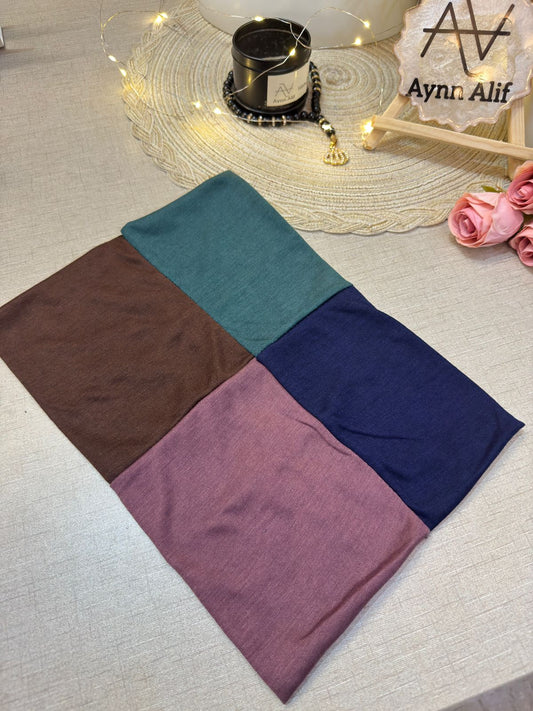 4 in 1 jersey tube band in Brunette, Dark Green, Mauve and Navy Blue by Aynn Alif Pakistan – soft stretchable hijab undercap for secure and polished scarf styling