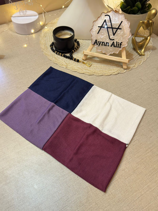 4 in 1 jersey tube band in Navy Blue, Lavender, White and Maroon by Aynn Alif Pakistan – soft stretchable hijab undercap for secure and polished scarf styling.