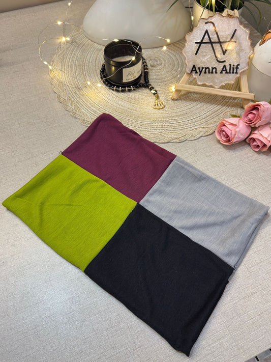 4 in 1 jersey tube band in Parrot Green, Maroon, Black and Light Grey by Aynn Alif Pakistan – soft stretchable hijab undercap for secure and polished scarf styling.