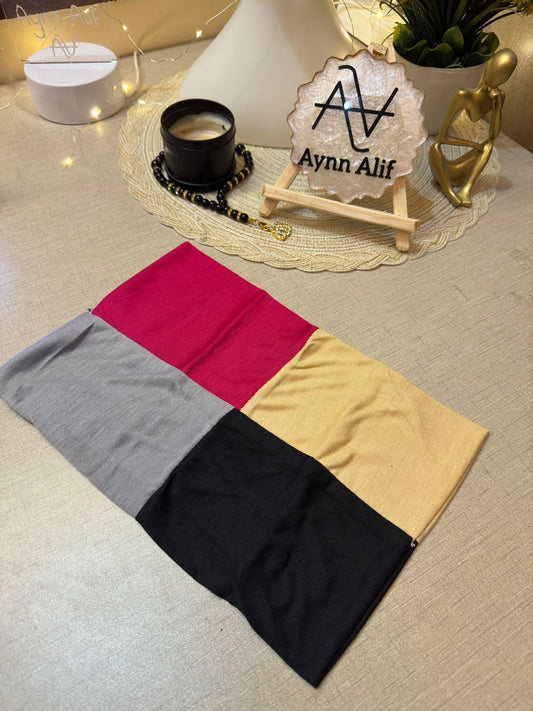 4 in 1 jersey tube band in Shocking Pink, Light Grey, Black and Skin by Aynn Alif Pakistan – soft stretchable hijab undercap for secure and polished scarf styling