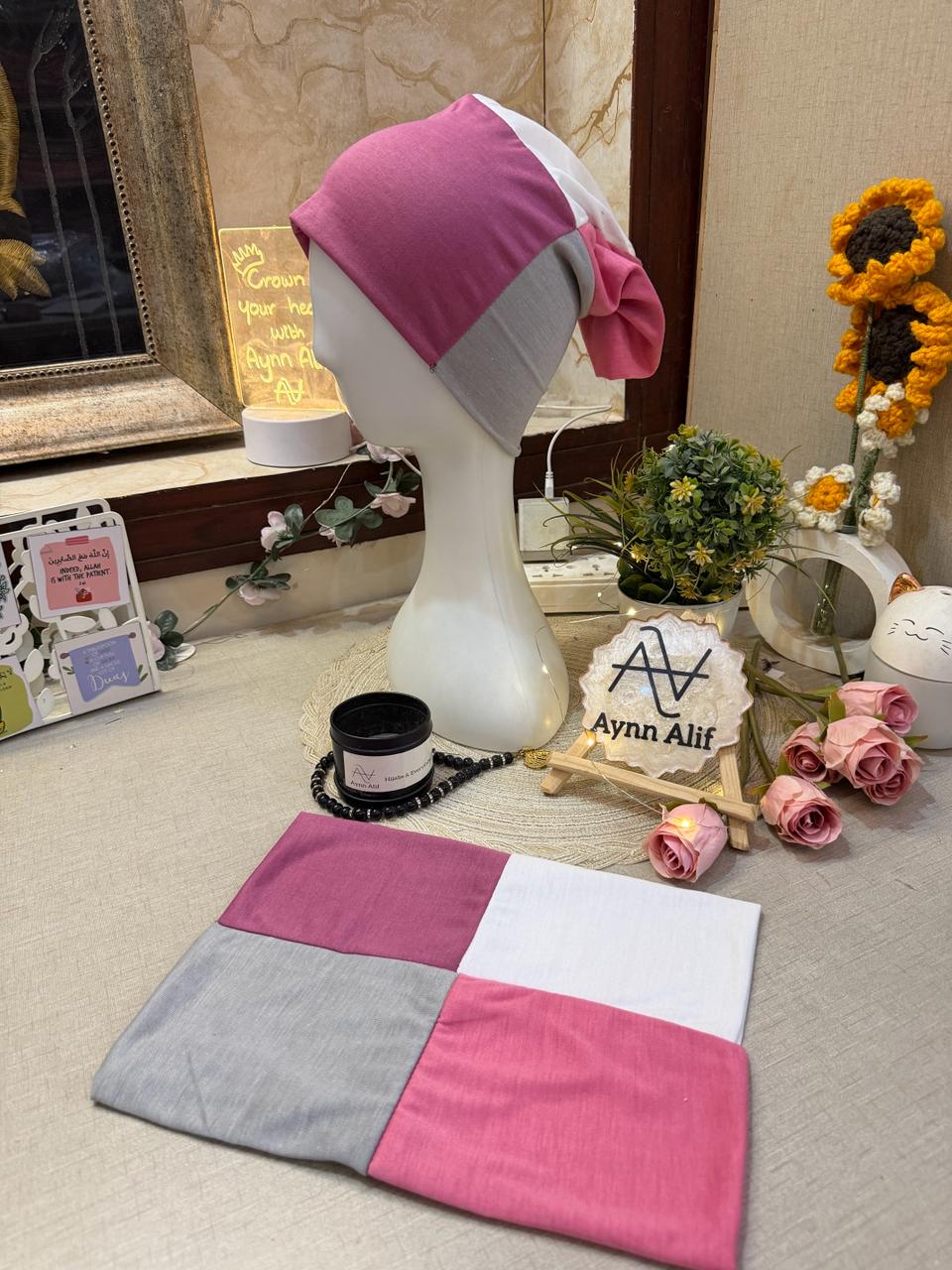 4 in 1 jersey tube band in Tea Pink, Light Grey, White and Rose Pink by Aynn Alif Pakistan – soft stretchable hijab undercap for secure and polished scarf styling
