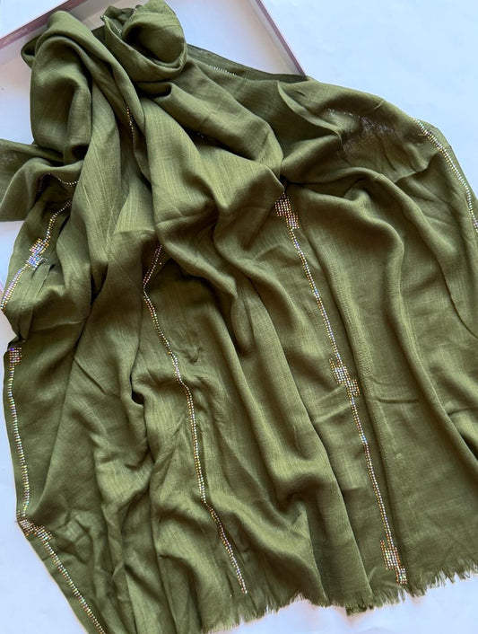 Army green Turkish lawn hijab with crystal embellishments lightweight lined modest scarf