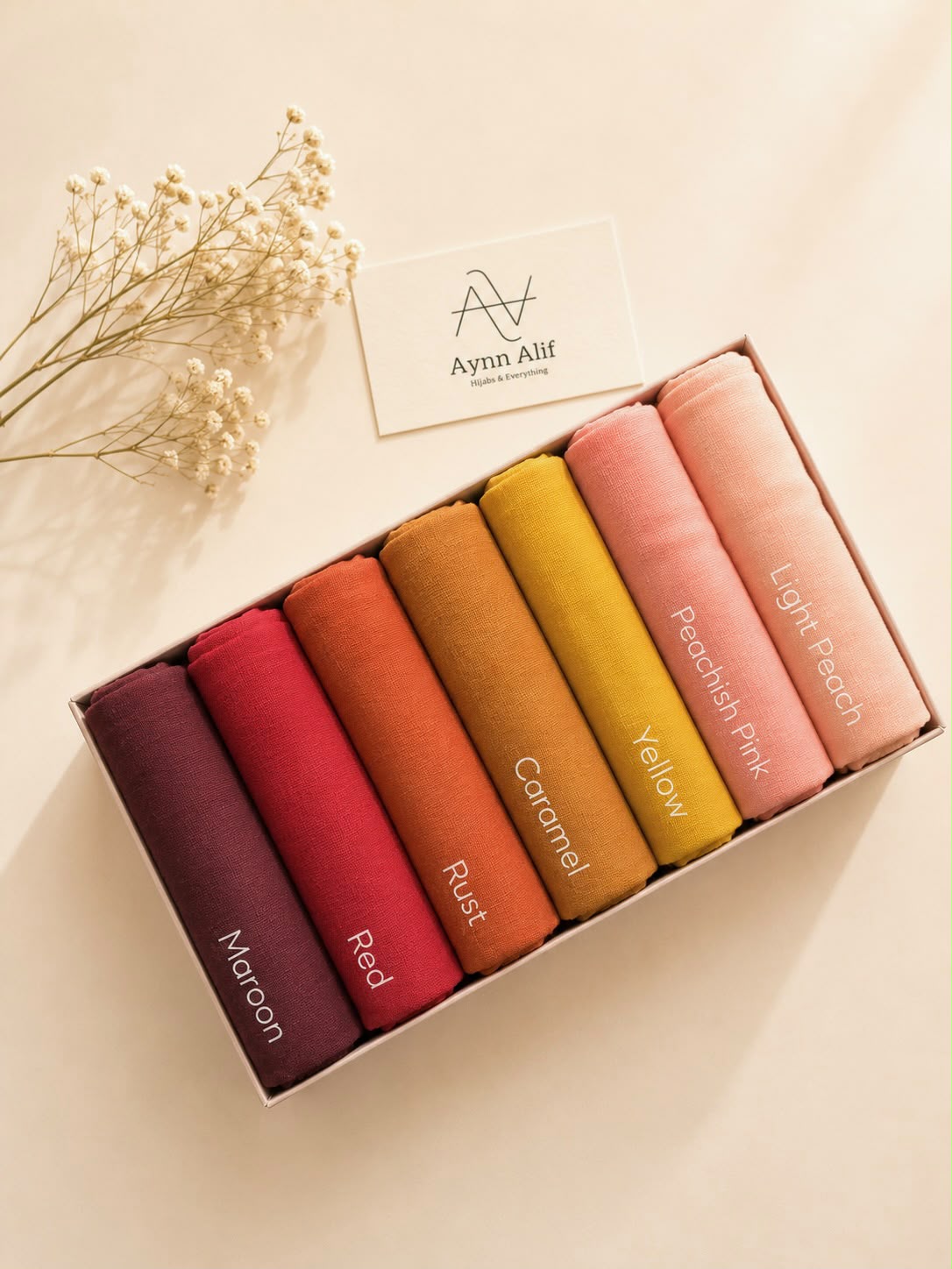 Autumn Blush Turkish Lawn large size hijab collection in maroon, red, rust, caramel, yellow, peachish pink and light peach by Aynn Alif.