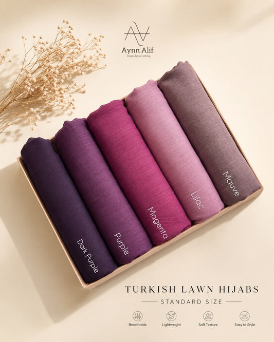 Berry Bloom Turkish lawn hijabs in standard size featuring dark purple, purple, magenta, lilac and mauve shades in breathable lightweight fabric.