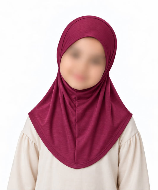 Maroonish red kids jersey hijab scarf for girls age 5-9 years in Pakistan with breathable jersey fabric and comfortable modest coverage.