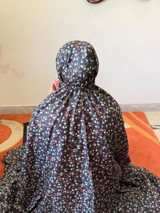 Black floral namaz chaadar with green flowers soft breathable prayer chadar full coverage women Pakistan
