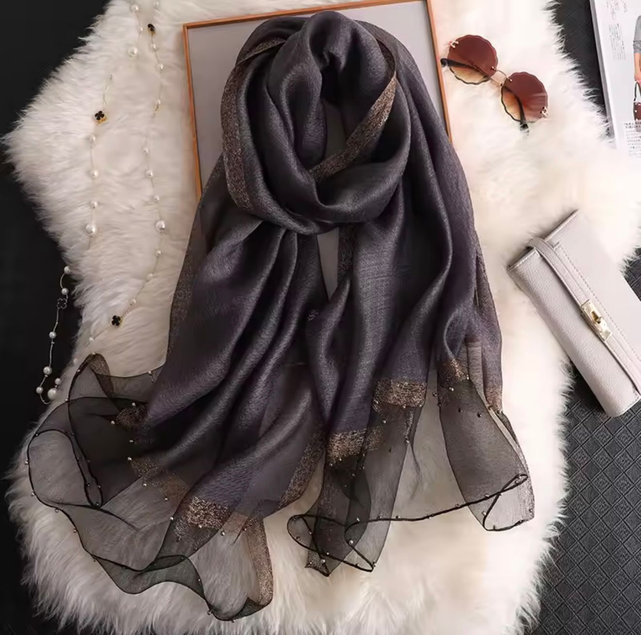 Black khaadi silk hijab with golden pearl organza border detail