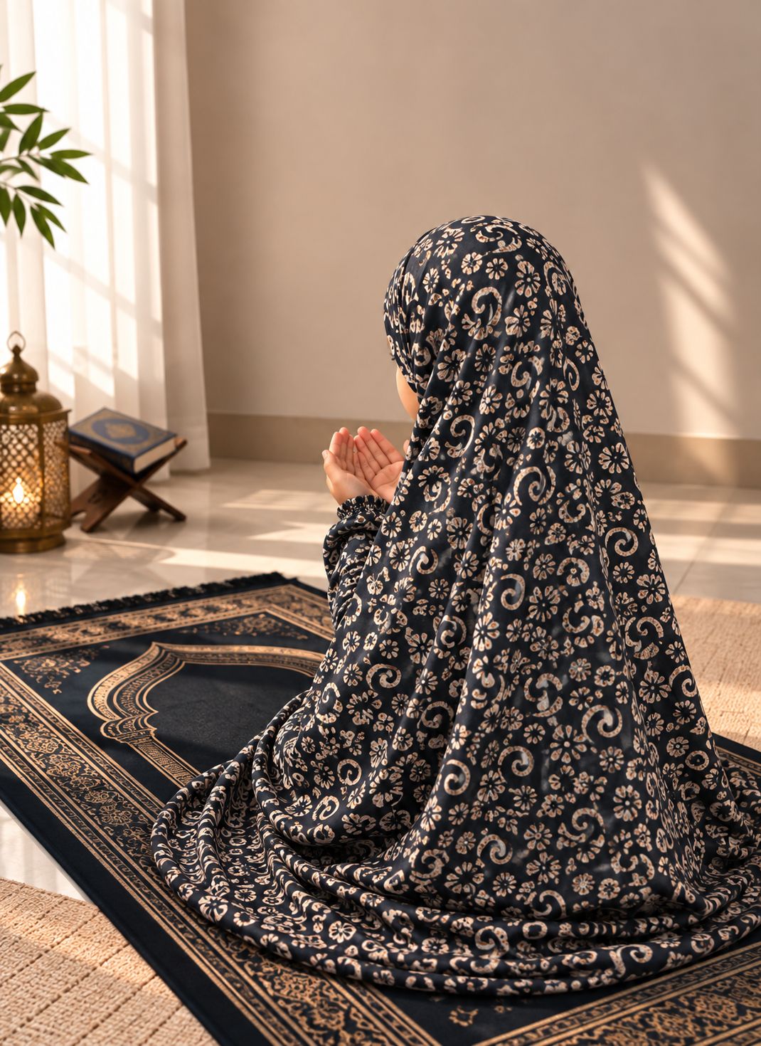 Aynn Alif Black Kids Namaz Chaadar in soft lawn fabric with elastic sleeves and under-chin fit, designed for comfortable Salah ages 5–9.