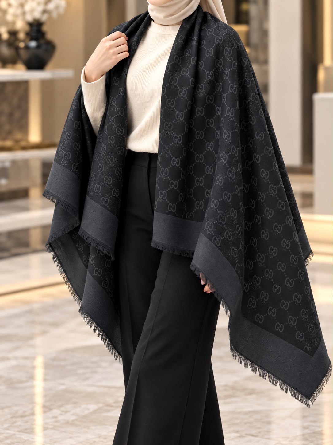 Black charcoal monogram-inspired pashmina wrap with tonal detailing, coordinating border and fringed edges styled for elegant winter layering.