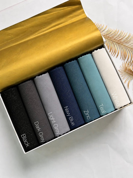 Aynn Alif glitter chiffon georgette hijab collection featuring Black, Dark Grey, Light Grey, Navy Blue, Zinc and White colours in Pakistan.