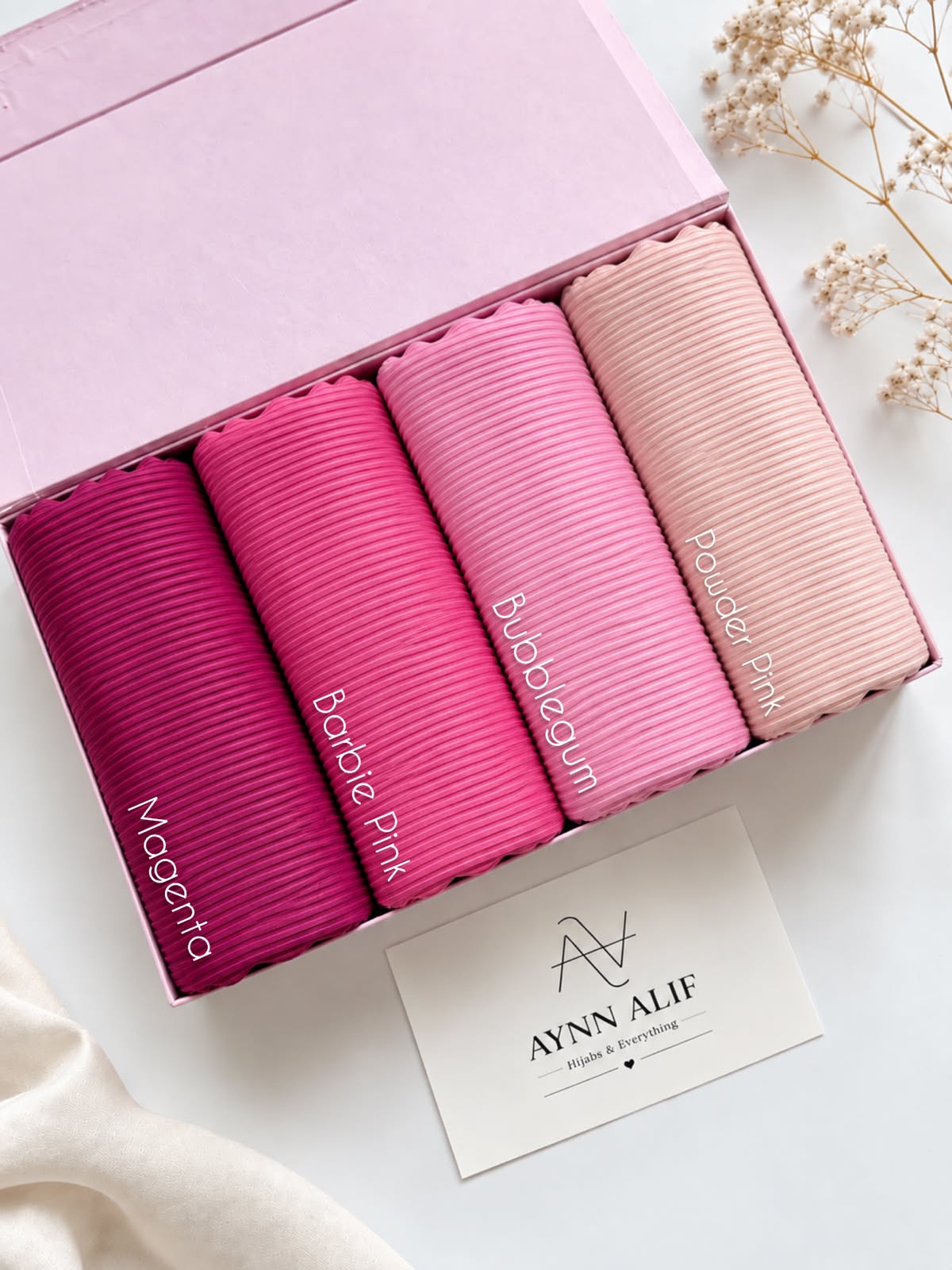 Aynn Alif ribbed jersey hijabs in Magenta, Barbie Pink, Bubblegum Pink and Powder Pink