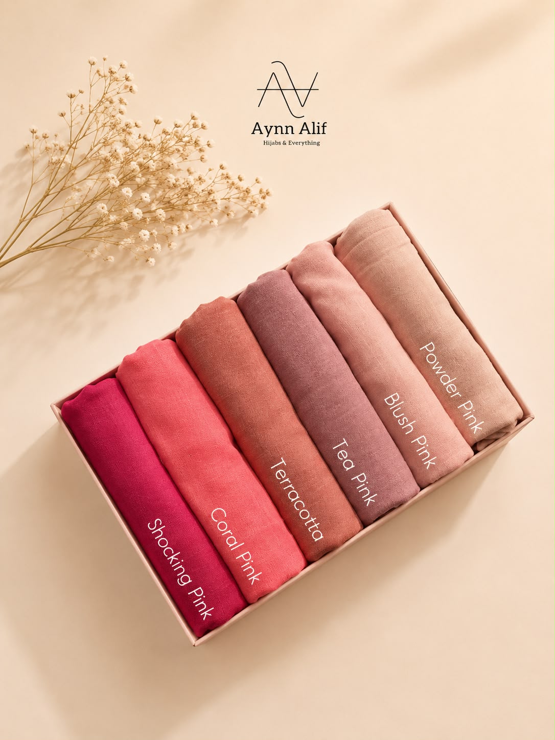 Blush Harmony Turkish lawn hijabs in standard size featuring shocking pink, coral pink, terracotta, tea pink, blush pink and powder pink shades in breathable lightweight fabric.