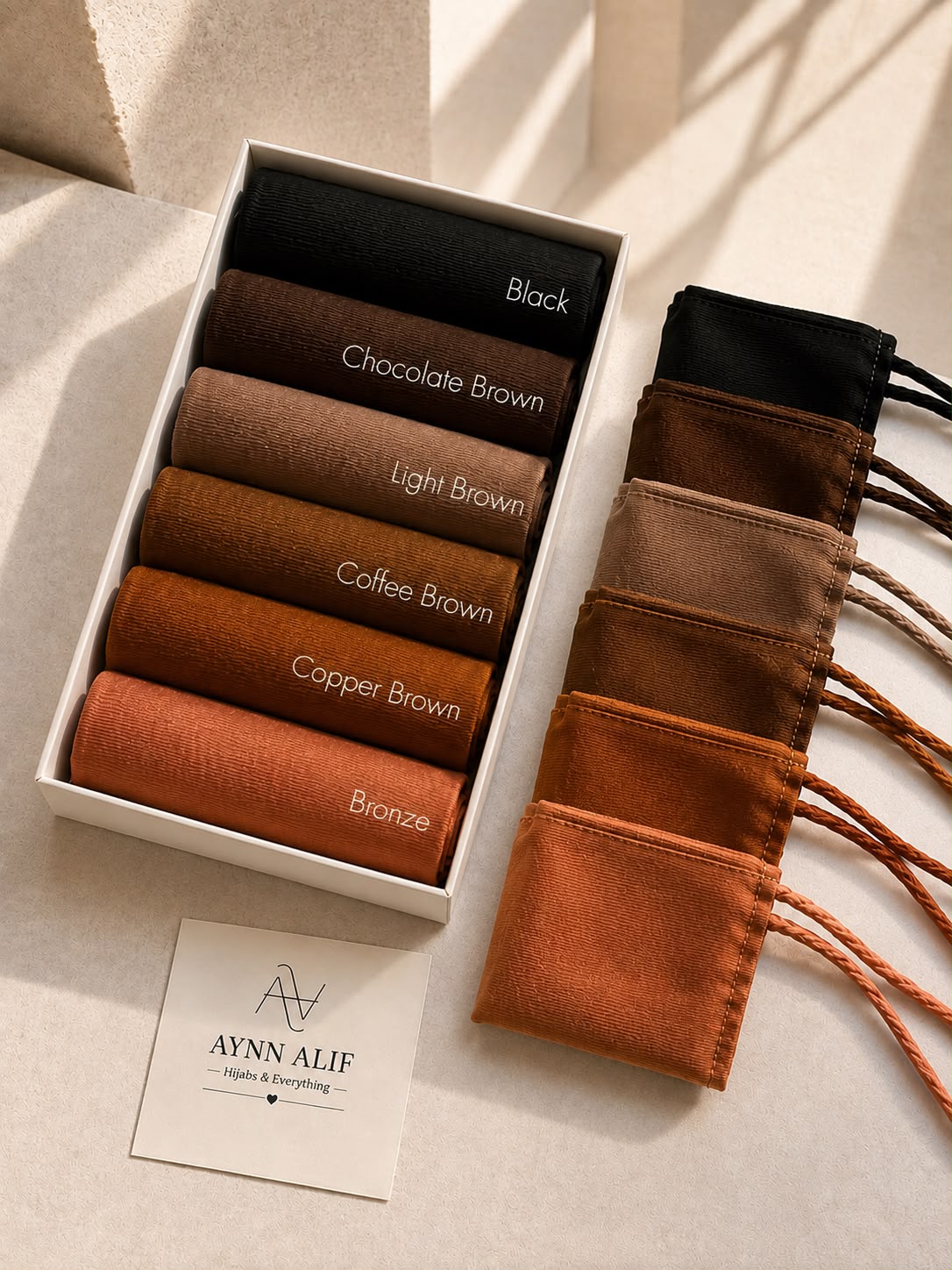 Crinkle silk hijab and matching niqab sets in Black, Chocolate Brown, Light Brown, Coffee Brown, Copper Brown and Bronze.