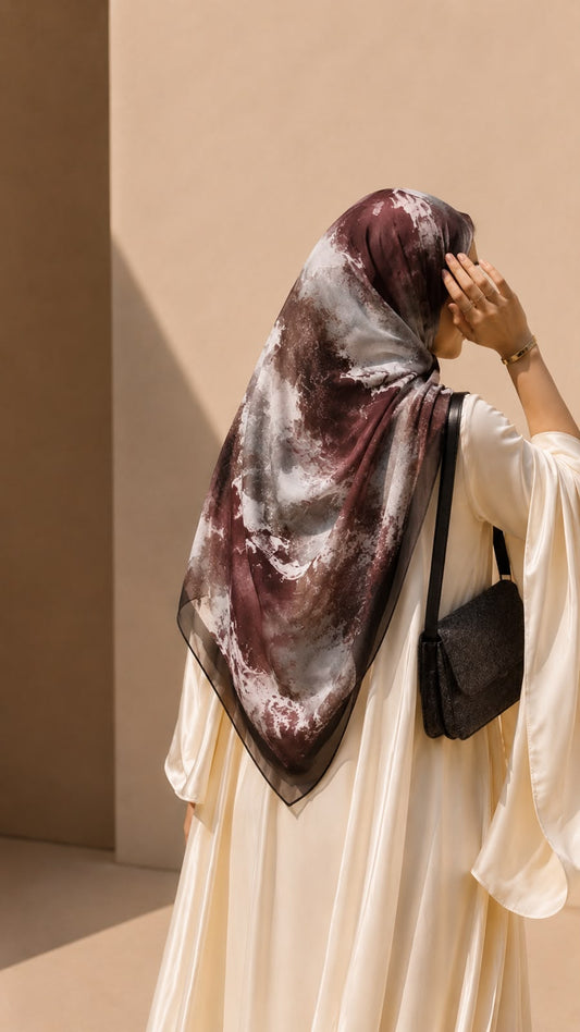 Burgundy Mist square chiffon georgette hijab with burgundy, mauve, brown and ivory abstract print by Aynn Alif Pakistan