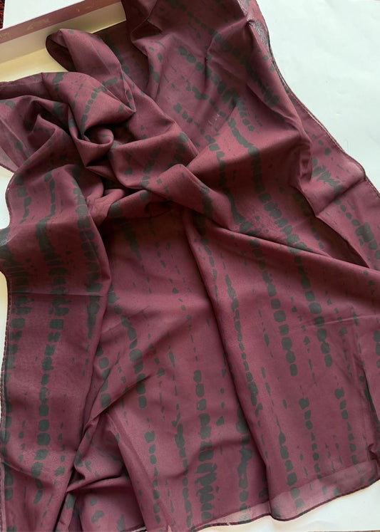 Burgundy chiffon georgette hijab with black tie dye pattern luxurious drape