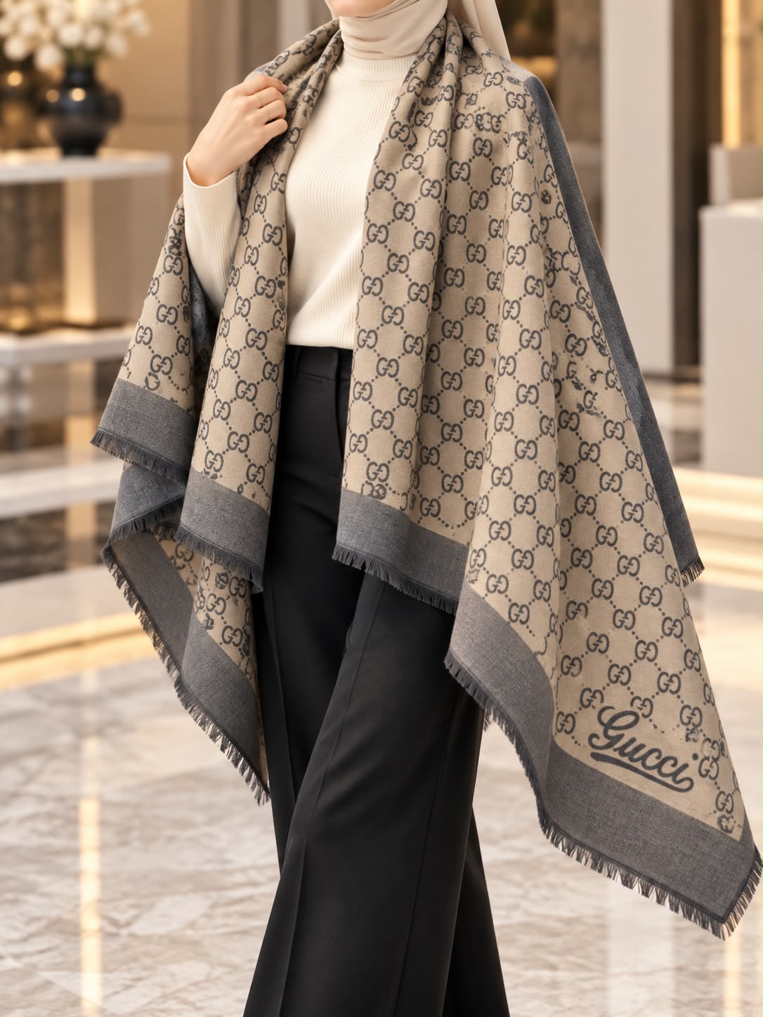 Camel beige and charcoal monogram-inspired pashmina wrap with grey border and fringed edges styled as an elegant winter layer.