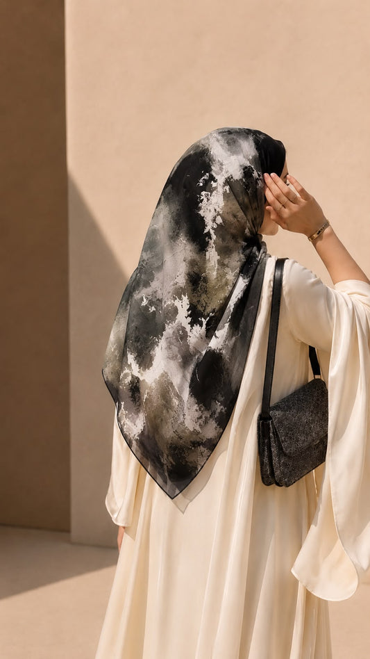 Charcoal black and grey abstract square chiffon georgette hijab with taupe and ivory tones by Aynn Alif Pakistan