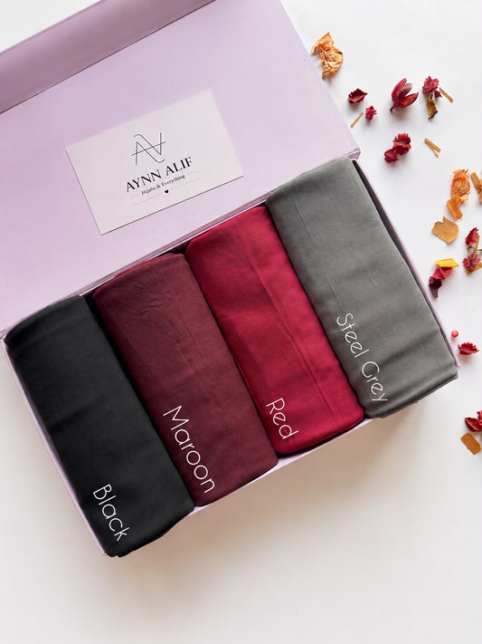Classic Elegance Plain Lawn Hijab Box by Aynn Alif featuring Black, Maroon, Red and Steel Grey breathable premium lawn hijabs in gift box packaging
