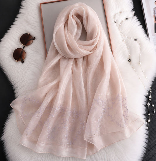 Rose gold cotton silk hijab with embroidered organza border and pearl accents.