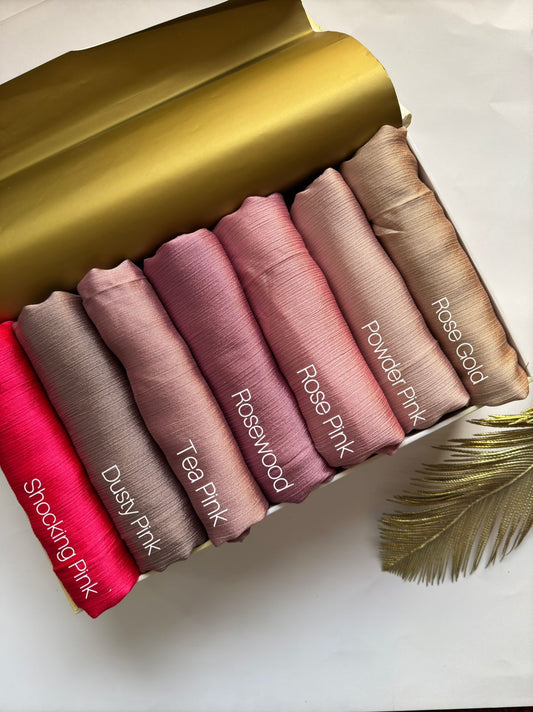 Crinkle Silk Hijab Blush Bloom Collection featuring Shocking Pink, Dusty Pink, Tea Pink, Rosewood, Rose Pink, Powder Pink and Rose Gold shades.
