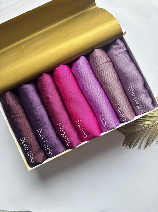 Crinkle Silk Hijab Royal Orchid Collection featuring Deep Wine, Dark Purple, Magenta, Fuchsia, Lilac, Mauve and Lavender shades in premium textured silk fabric.