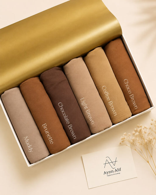 Earth Essence Chiffon Georgette Hijab Collection by Aynn Alif featuring Nuddy, Brunette, Chocolate Brown, Light Brown, Coffee Brown and Choco Brown shades.