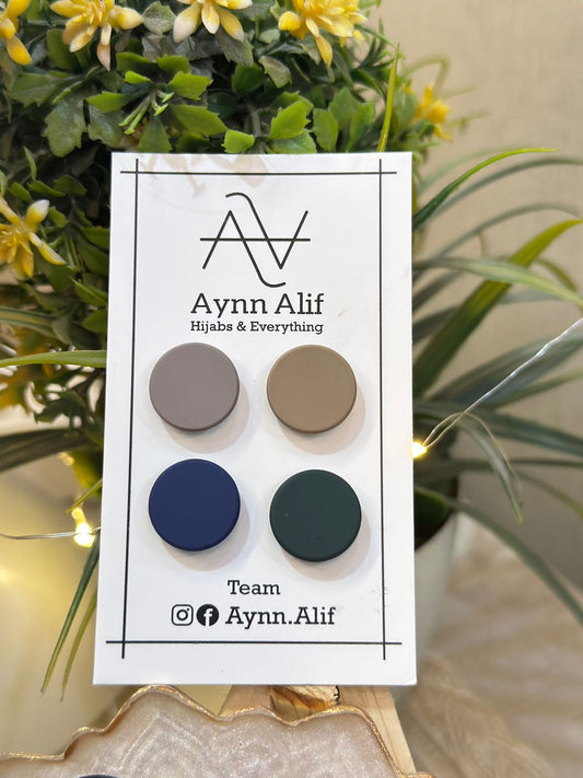 Earth tone matte flat hijab magnets in light brown, coffee brown, navy blue and dark green colours by Aynn Alif for elegant hijab styling in Pakistan
