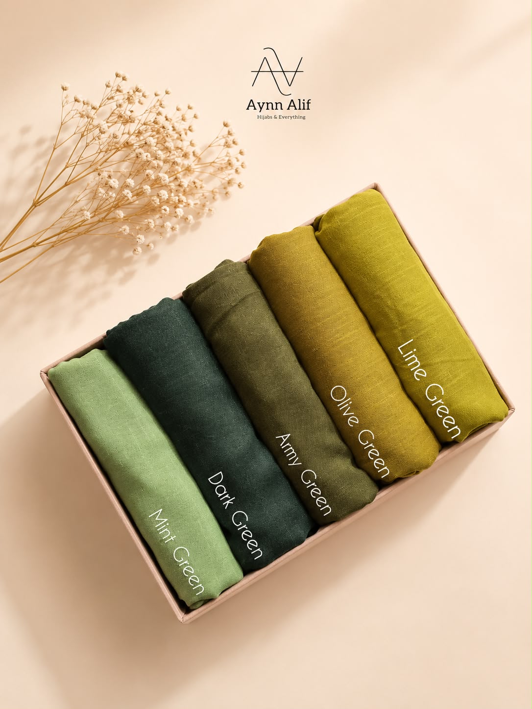 Forest Hues Turkish lawn hijabs in standard size featuring mint green, dark green, army green, olive green and lime green in breathable lightweight fabric.