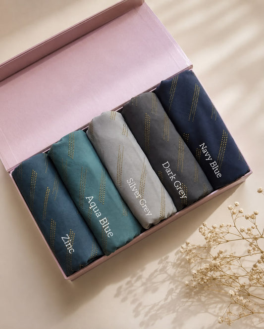 Aynn Alif Golden Dust Chiffon Georgette Hijab with golden embossed texture in Zinc, Aqua Blue, Light Grey, Dark Grey and Navy Blue premium chiffon hijab colours.