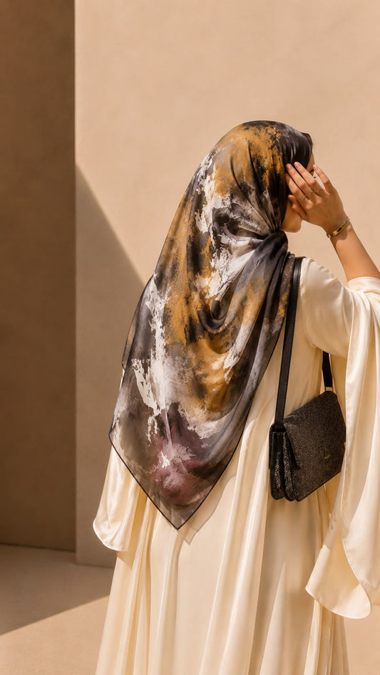 Golden Ember square chiffon georgette hijab with golden brown, charcoal, ivory and dusty rose abstract print by Aynn Alif Pakistan
