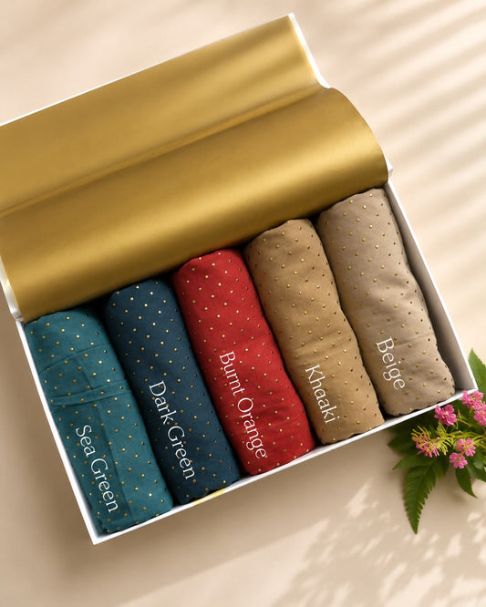Golden Polka Chiffon Georgette Hijabs in Sea Green, Dark Green, Burnt Orange, Khaaki and Beige with elegant gold embossed polka dot detailing.