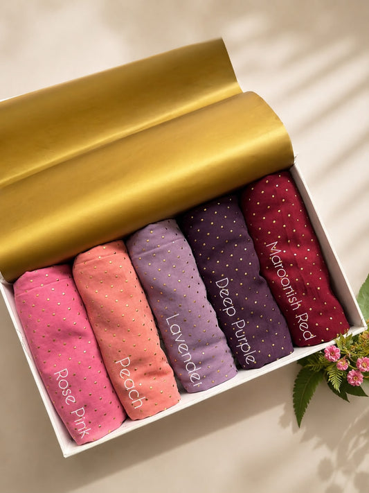 Golden Polka Chiffon Georgette Hijabs in Rose Pink, Peach, Lavender, Deep Purple and Maroonish Red with elegant gold embossed dots.
