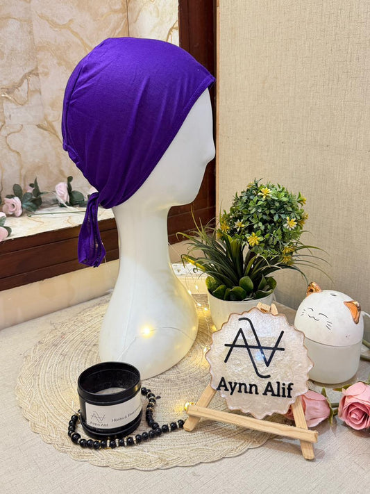 Indigo plain tie-back hijab underscarf cap tied at back