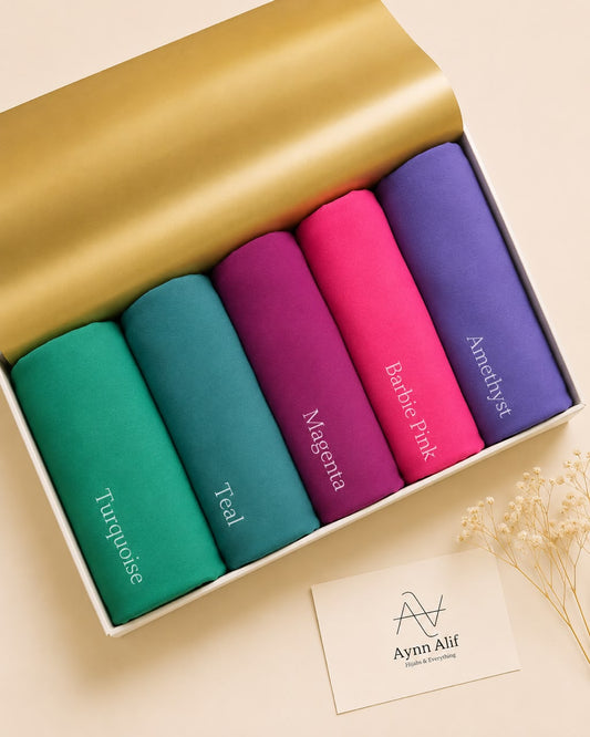 Jewel Tones Chiffon Georgette Hijab Collection by Aynn Alif featuring Turquoise, Teal, Magenta, Barbie Pink and Amethyst hijabs.