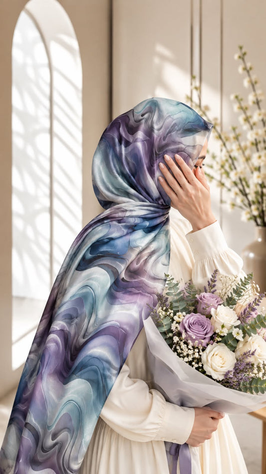 Aynn Alif Lavender Waves printed sheen silk hijab in lilac, lavender, powder blue, grey and white flowing wave print