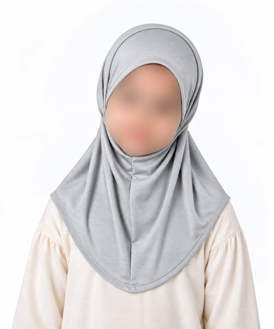 Light grey kids jersey hijab scarf for girls age 5-9 years in Pakistan with breathable soft jersey fabric and modest coverage.