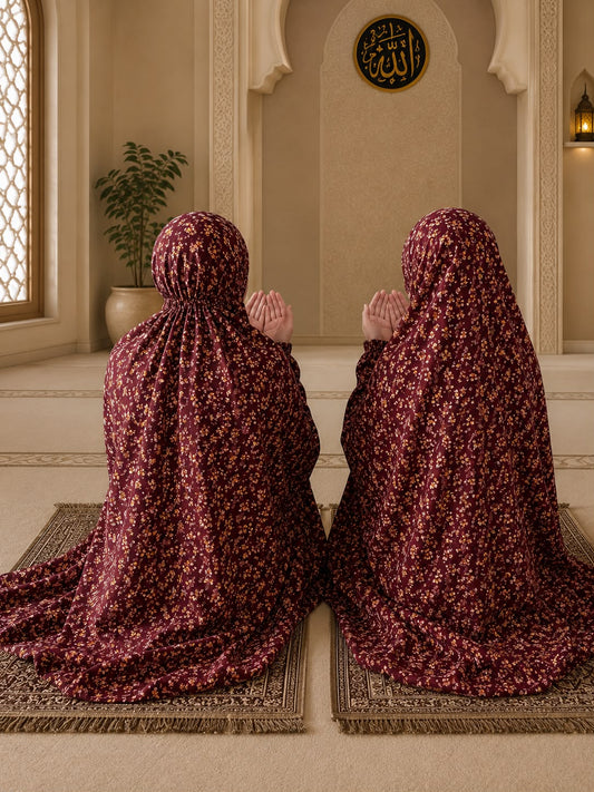 Maroon Bloom Mother & Daughter Matching Namaz Chaadar Set in breathable lawn fabric with floral print, adjustable fit, and wudu-friendly elastic sleeves.