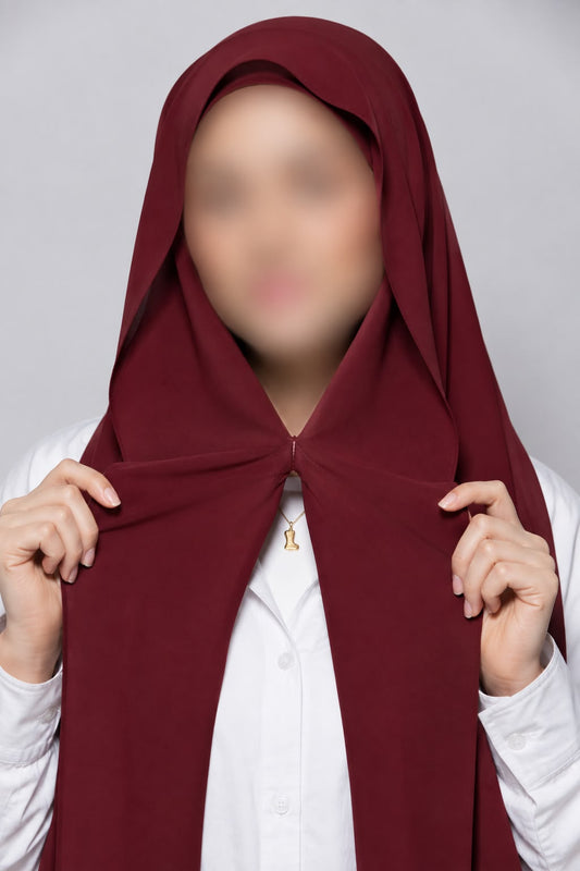 Maroon instant chiffon georgette hijab with attached tube band and built-in magnet for easy and effortless styling.
