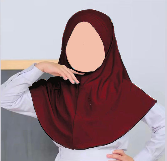 Maroonish red kids jersey hijab scarf for girls age 5-9 years in Pakistan with breathable jersey fabric and comfortable modest coverage.