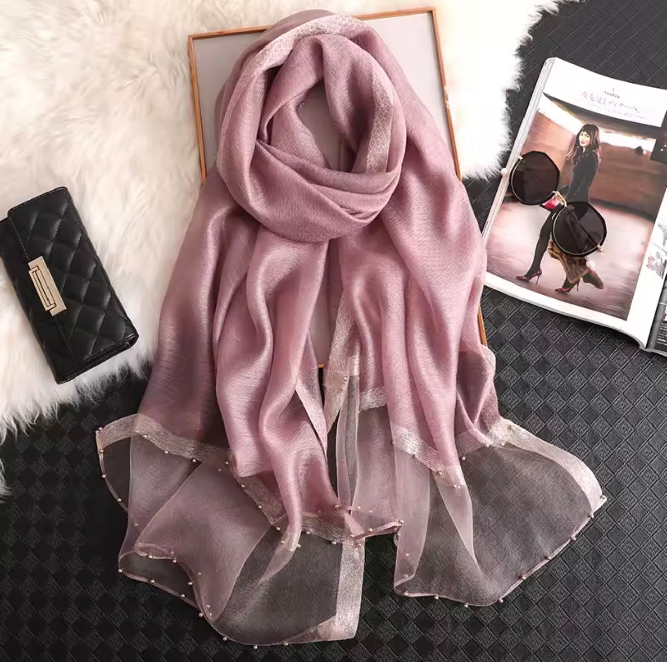 Mauve khaadi Viscose silk hijab with organza border and golden pearl embellishments