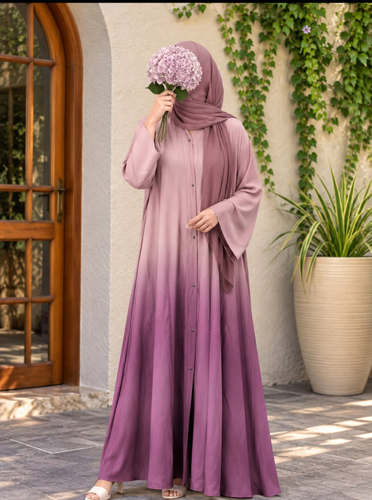 Mauve ombre front open abaya in Silk Korean Nidah with straight sleeves and matching scarf, featuring a soft dusty pink to deep berry gradient.