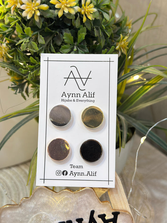 Metallic flat hijab magnets in silver, golden, rose gold and metallic black colours by Aynn Alif for elegant hijab styling in Pakistan