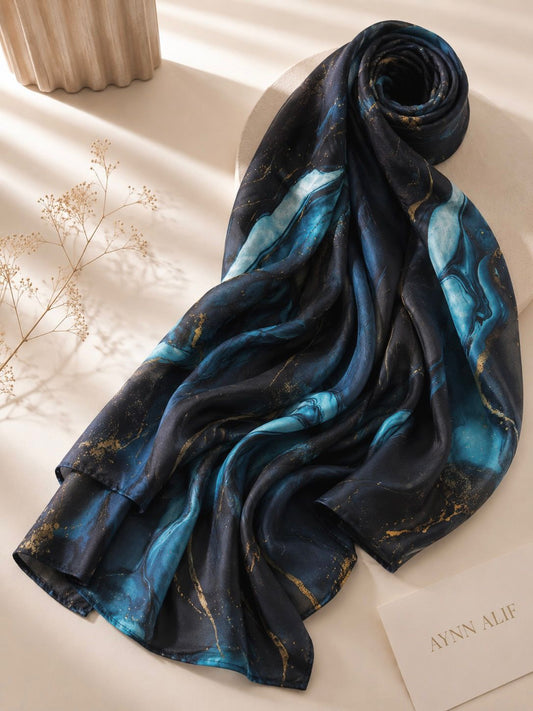 Aynn Alif extra large printed modal lawn hijab featuring a black base with aqua blue marble design and gold accents, styled in a luxury flat lay.