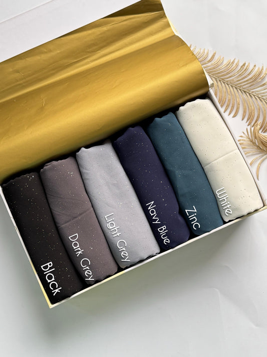 Aynn Alif glitter chiffon georgette hijab collection featuring Black, Dark Grey, Light Grey, Navy Blue, Zinc and White colours in Pakistan.