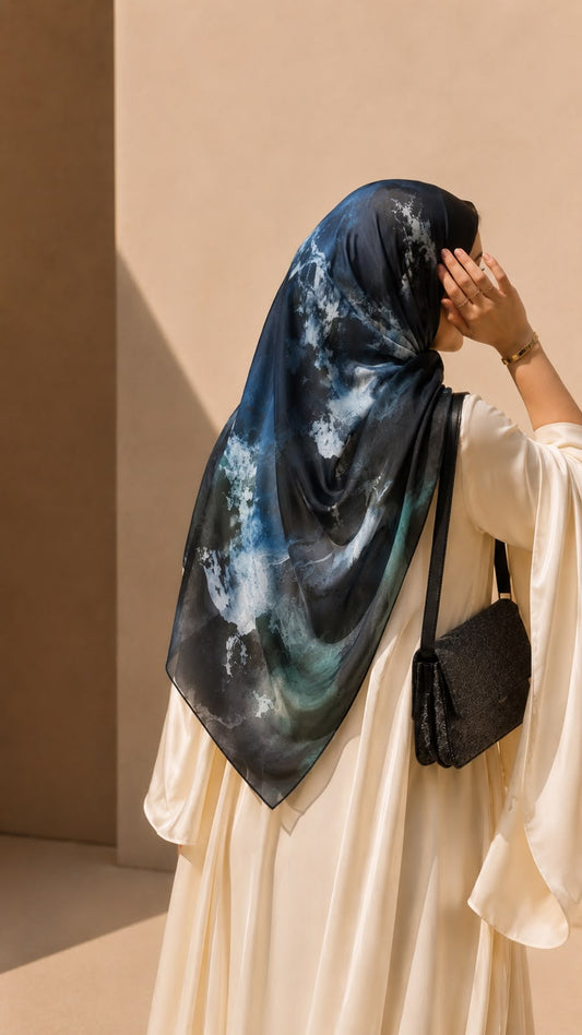 Midnight Mist black square chiffon georgette hijab with abstract blue, sage and grey print by Aynn Alif Pakistan