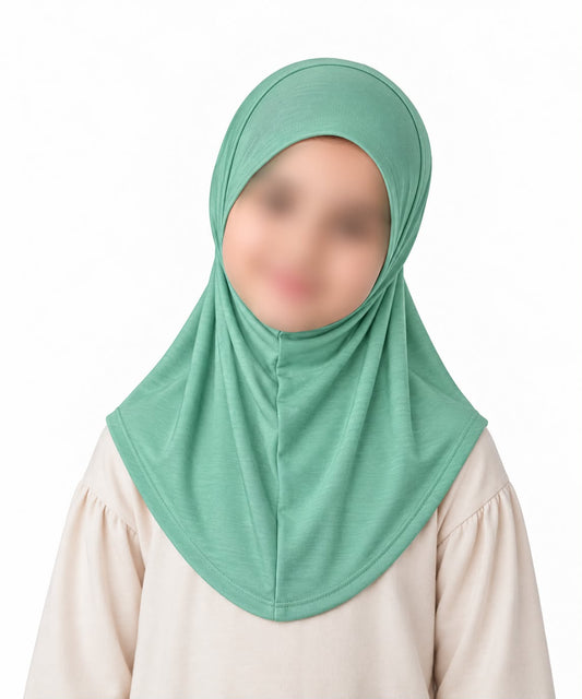 Mint green kids jersey hijab scarf for girls age 5-9 years in Pakistan with soft breathable jersey fabric and modest coverage.