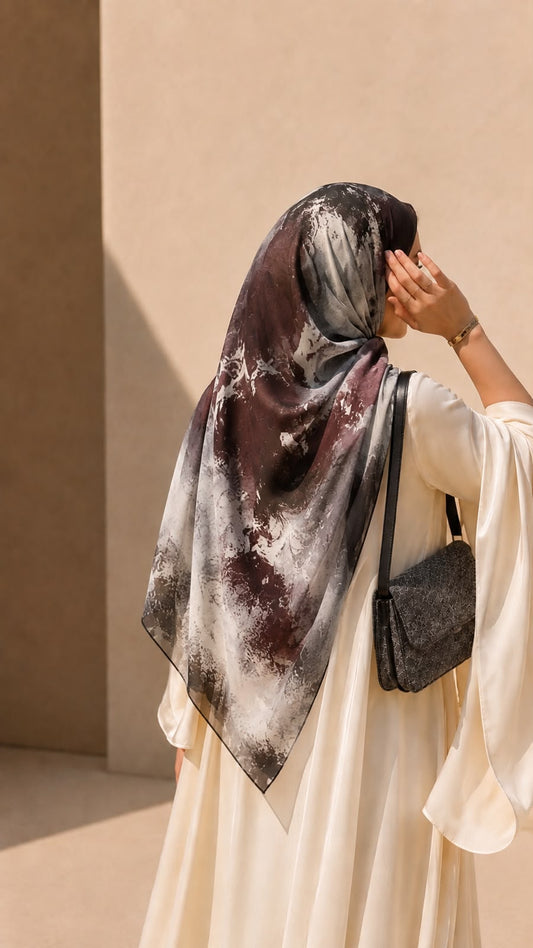 Mocha plum abstract square chiffon georgette hijab in burgundy, brown, charcoal, grey and ivory by Aynn Alif Pakistan