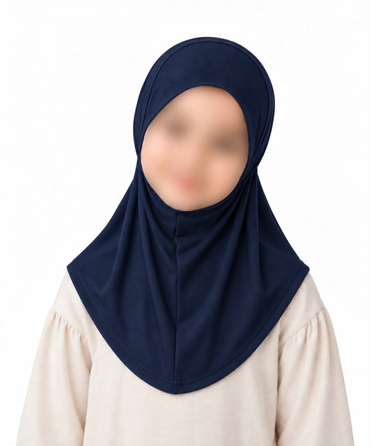 Navy blue kids jersey scarf for girls age 5-9 years in Pakistan with breathable soft fabric and modest half-body coverage.