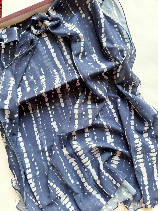 Navy blue chiffon georgette hijab with light grey tie dye soft elegant fabric