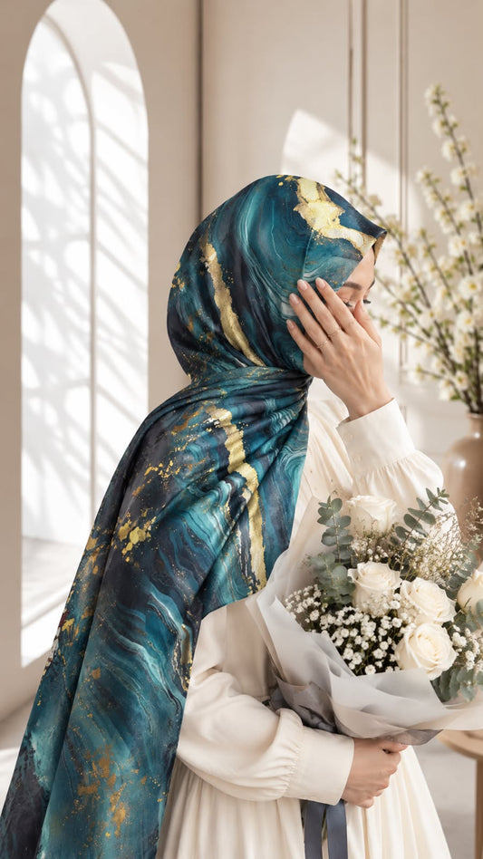 Aynn Alif Oceanic Gold printed sheen silk hijab in teal, turquoise and navy blue with gold abstract detailing